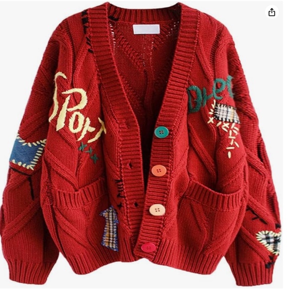 Chunky patchwork cable knit embroidered college V-Neck button up cardigan NWOT - Picture 1 of 14